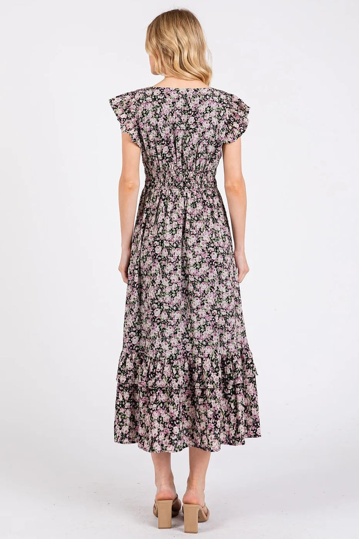 Mittoshop Flower Print Ruffle Cap Sleeve V Neck Midi Dress 1
