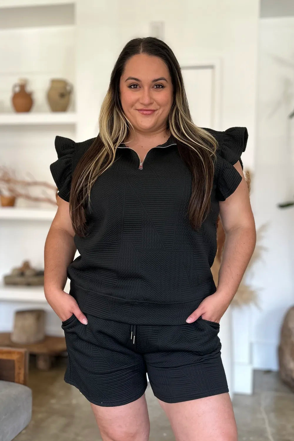 White Double Take Full Size Texture Flounce Sleeve Top And Shorts Set