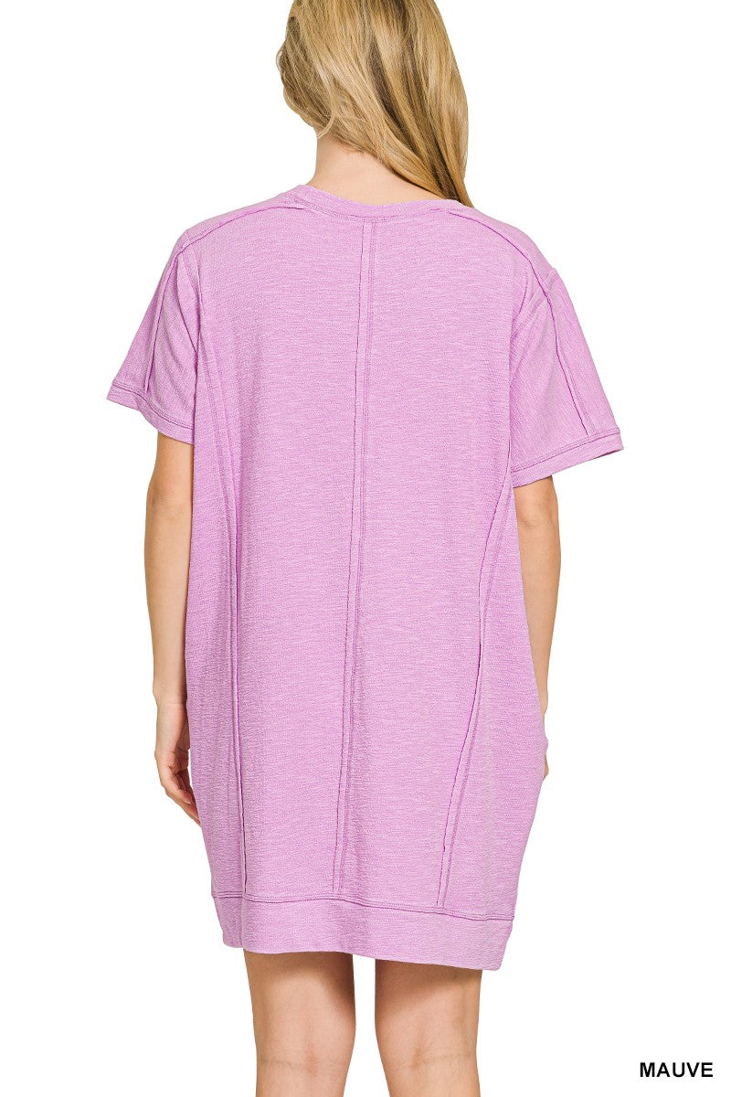 Mauve Zenana Washed Slub Short Sleeve Dress With Pockets