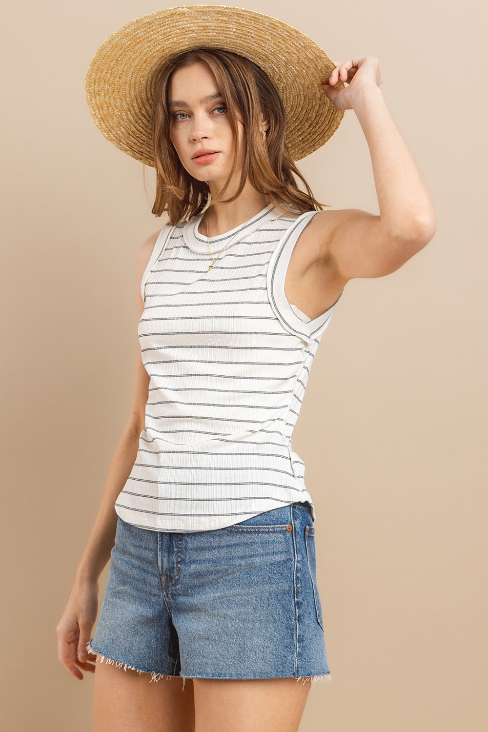 Ivory Ces Femme Striped Round Neck Tank
