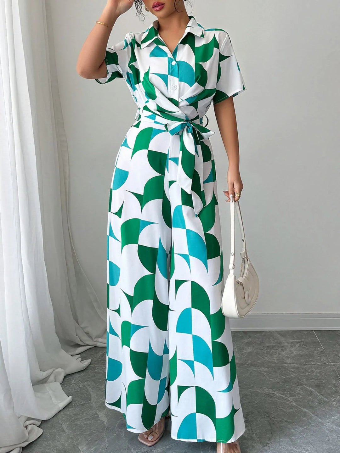 Turquoise Printed Wide Leg Belted Jumpsuit