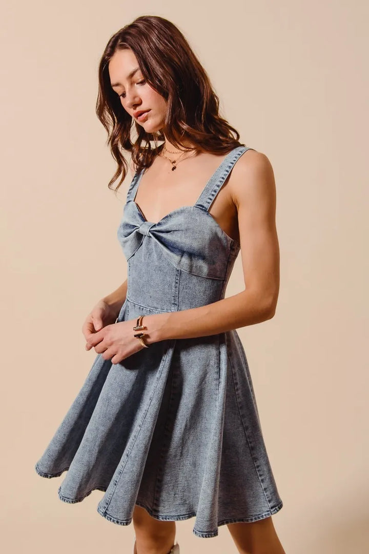 Denim So Me Mineral Washed Bow Ribbon Denim Flare Dress