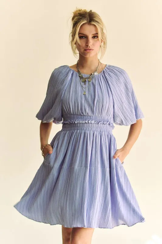Lavender Davi Dani Back Button Puff Sleeve Mini Dress