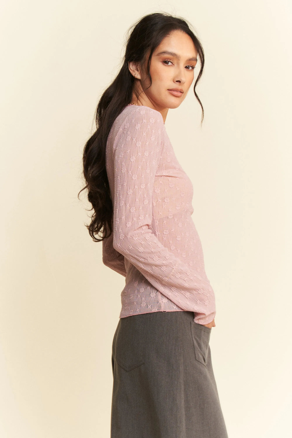 Dusty Pink Davi Dani Long Sleeve Sheer Small Embroidered Bows Lace Top