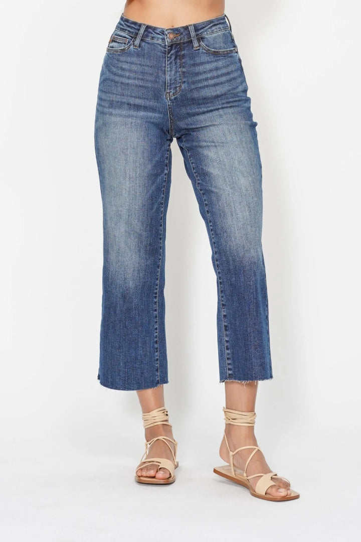 Dark Judy Blue High Waist Back Pocket Embroidery Crop Wide Jeans
