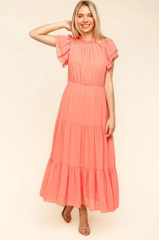 Peach Haptics Full Size Tiered Frill Mock Neck Short Sleeve Dress