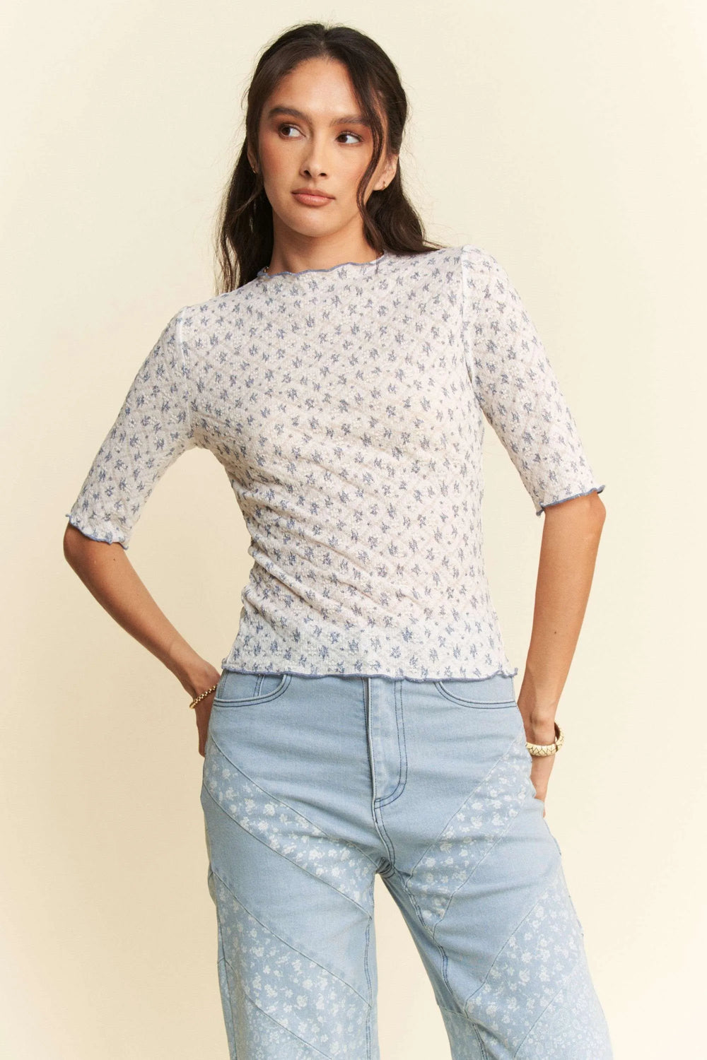 White/Blue Multi Davi Dani Lace Stretch Floral Marrow Edge Half Sleeve Top