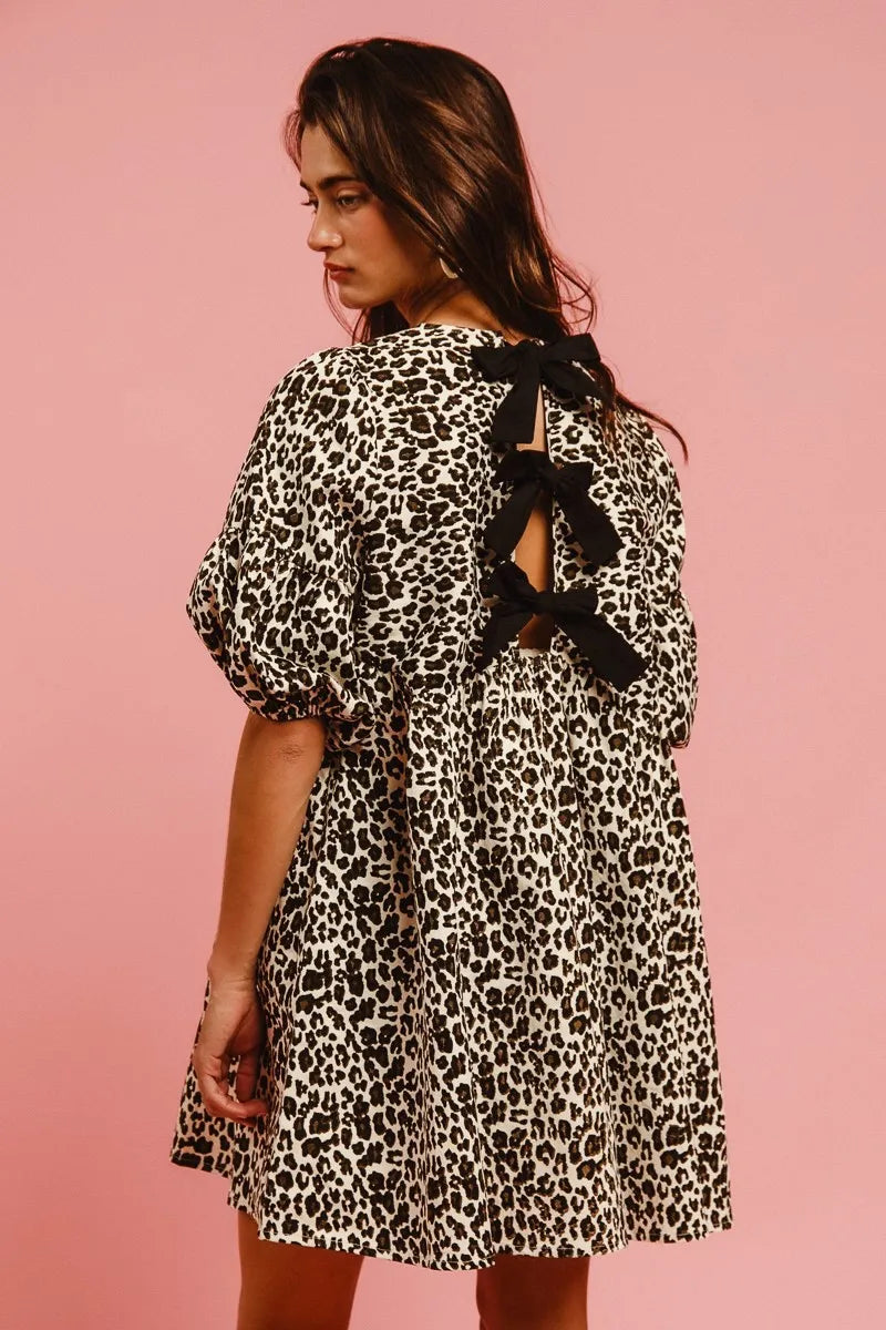 Off White Leopard Bibi Leopard Denim Dress With Back Contrast Tie Detail