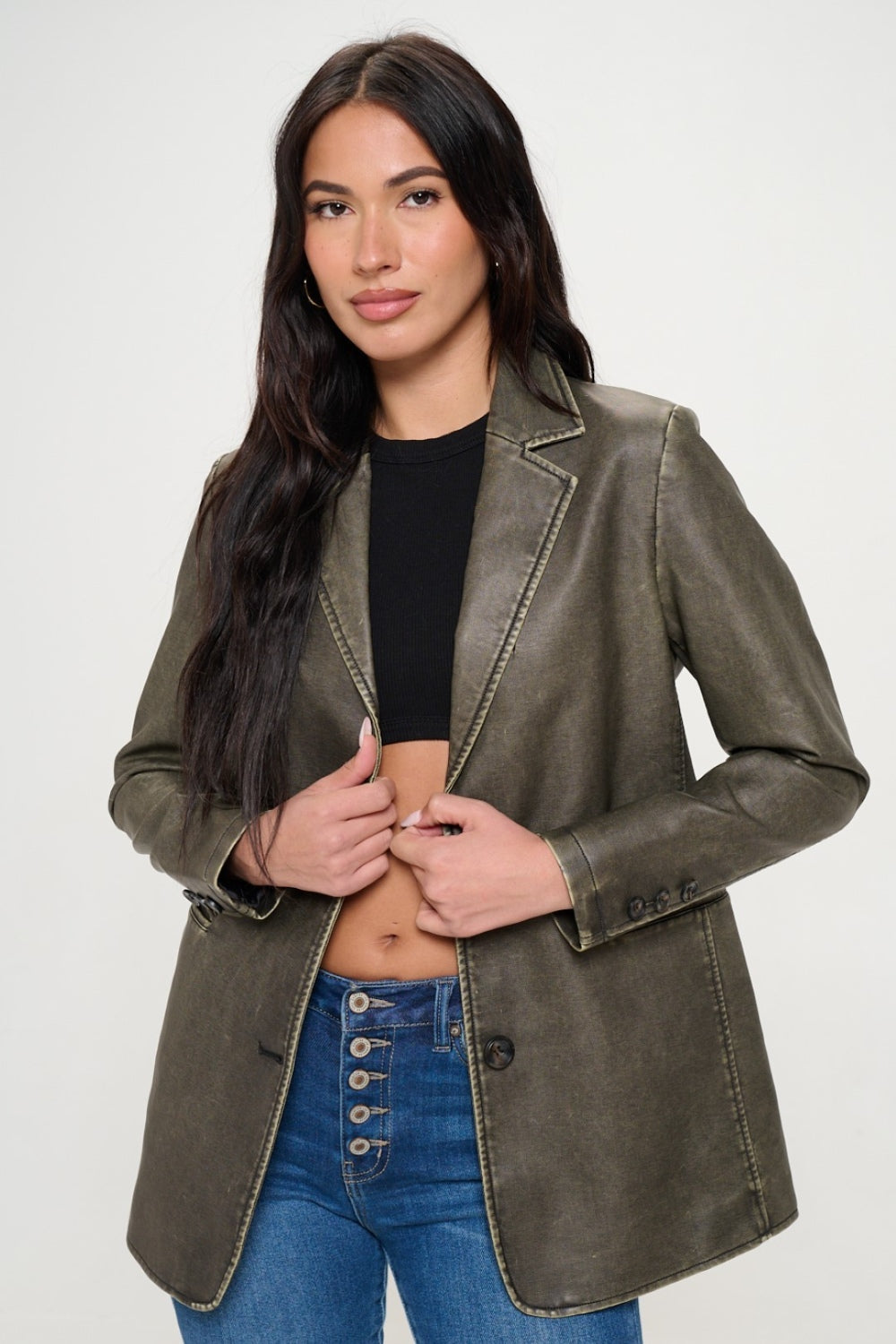 Olive Brown Coalition La Single Breasted Vegan Leather Blazer