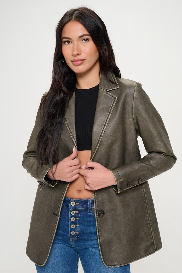 Olive Brown Coalition La Single Breasted Vegan Leather Blazer