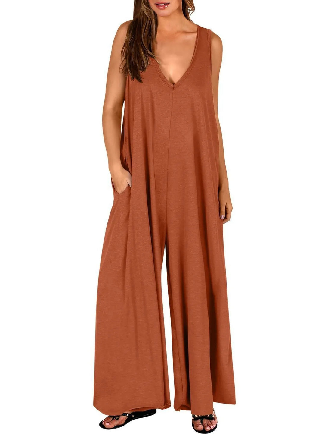 Brown Sleeveless V Neck Jumpsuit With Pockets