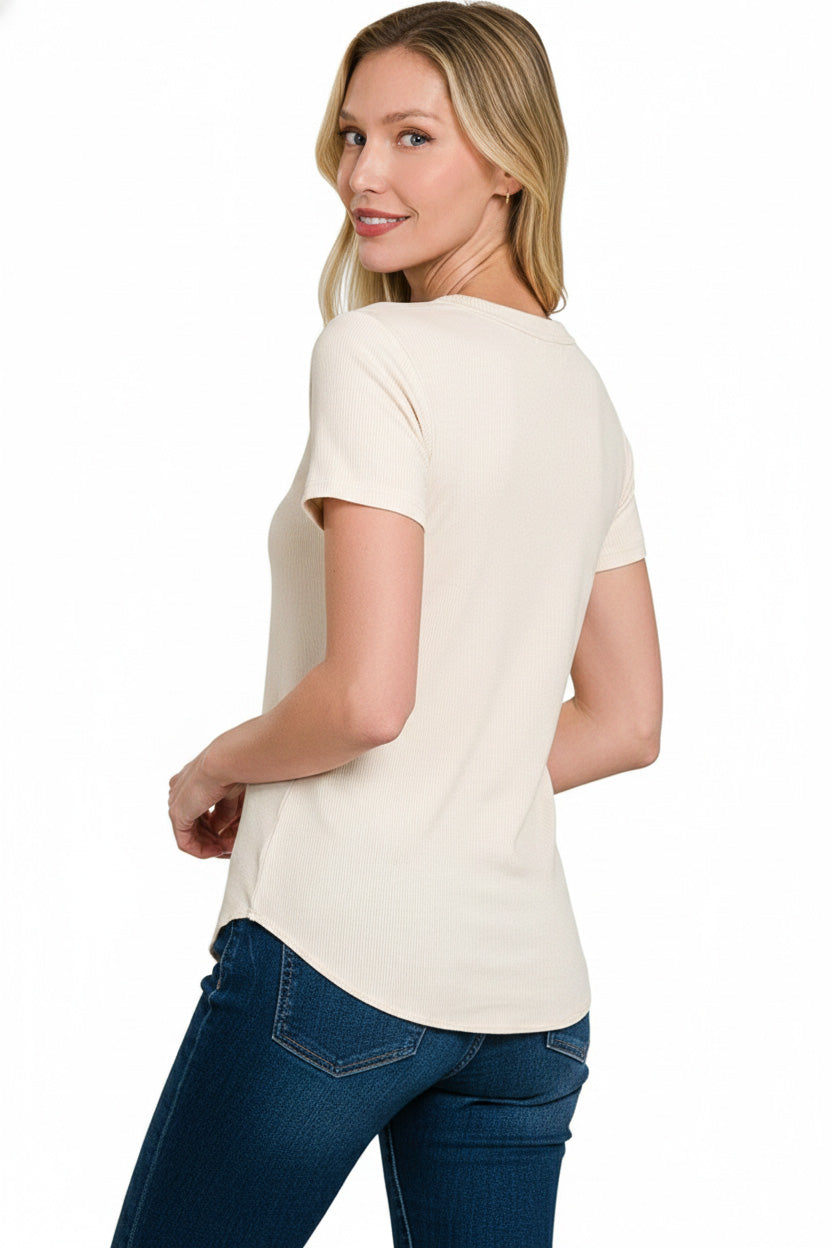 Sand Beige Zenana Ribbed Curved Hem Round Neck Tee 1