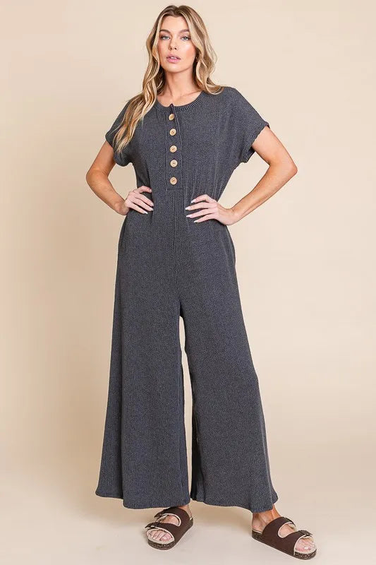 Charcoal Bombom Rib Knit Jumpsuit With Button Detail 2