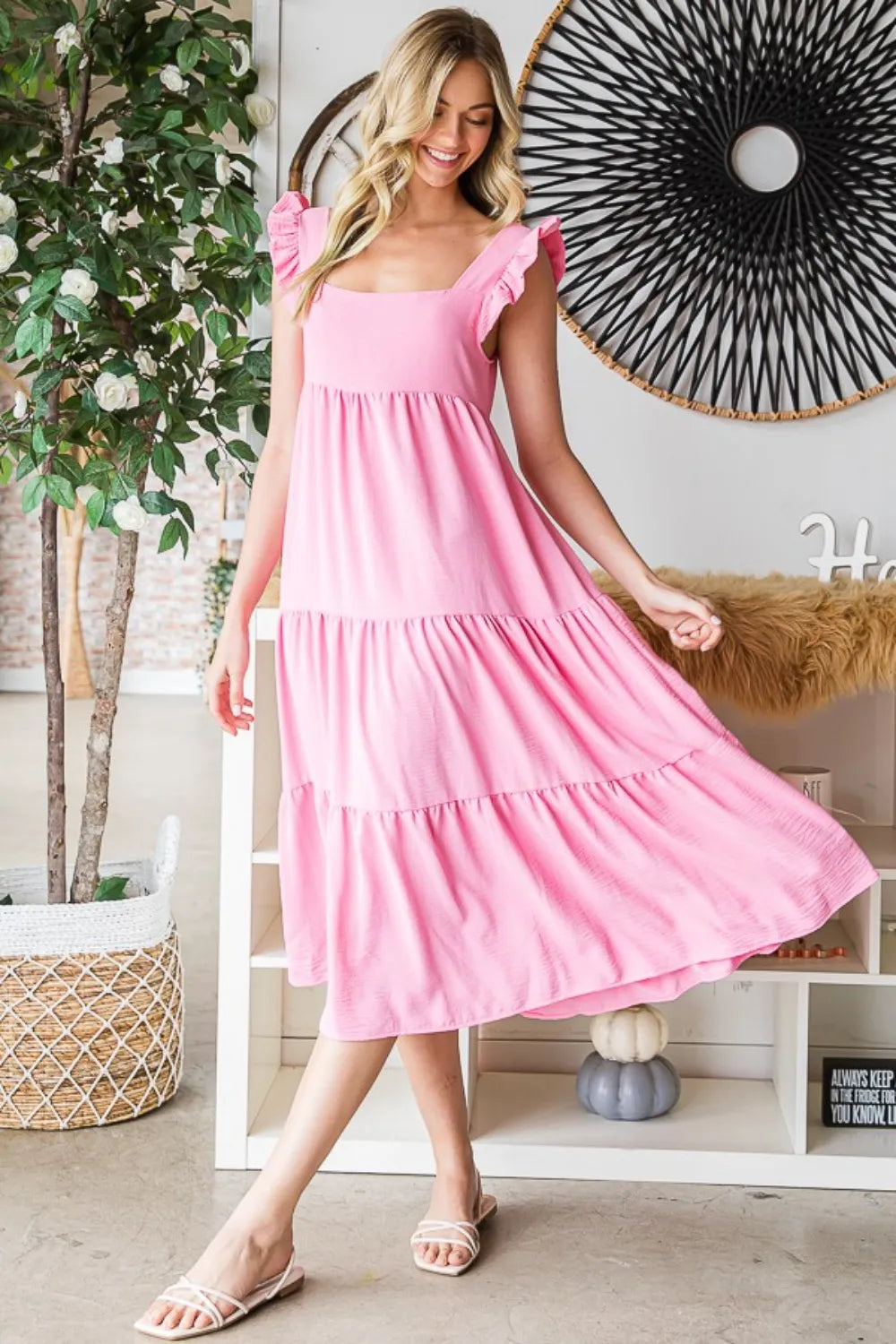 Bubble Pink Reborn J Ruffled Sleeveless Tiered Midi Dress