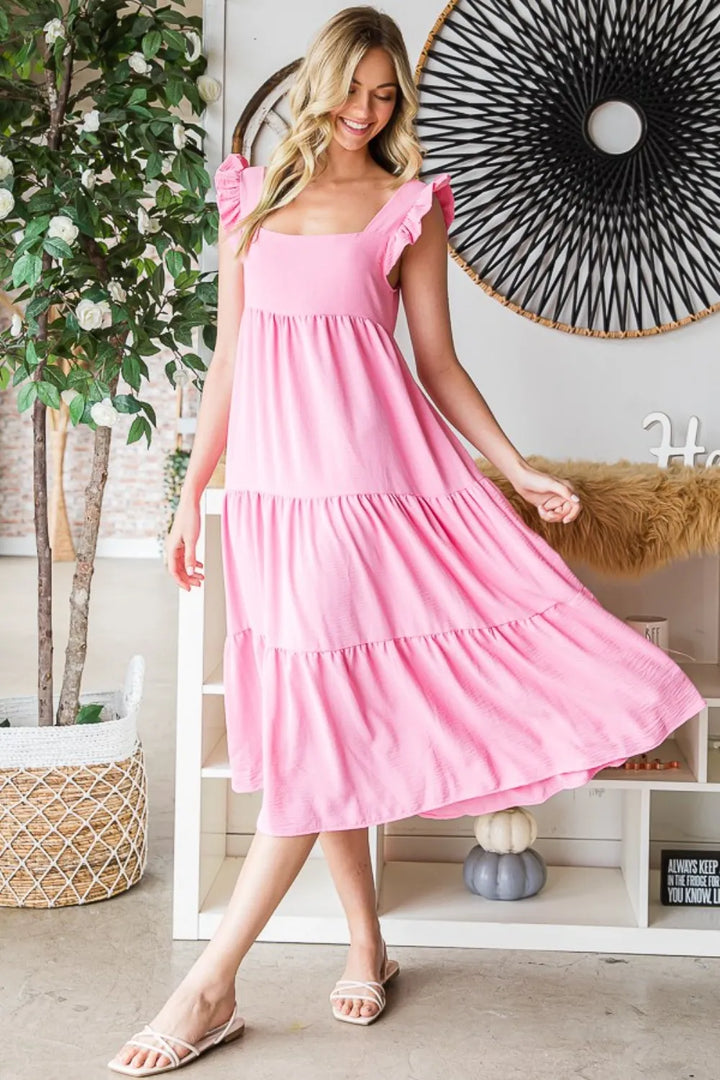 Bubble Pink Reborn J Ruffled Sleeveless Tiered Midi Dress