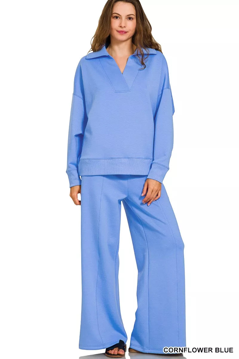 Cornflower Blue Zenana Scuba Collared Pullover And Pants Set