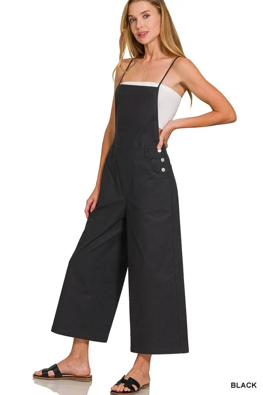 Black Zenana Woven Spaghetti Strap Overalls 1