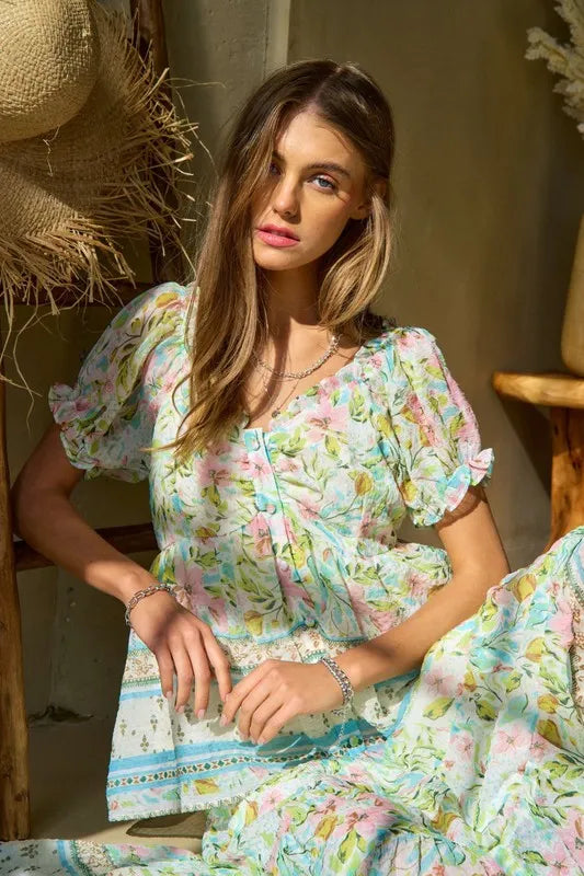 Davi Dani Spring Floral Border Print Ruffled Textured Top
