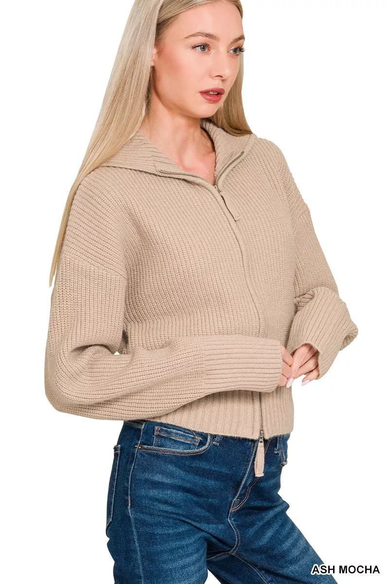 Ash Mocha Zenana Ribbed Collared Zip Up Sweater Cardigan 5