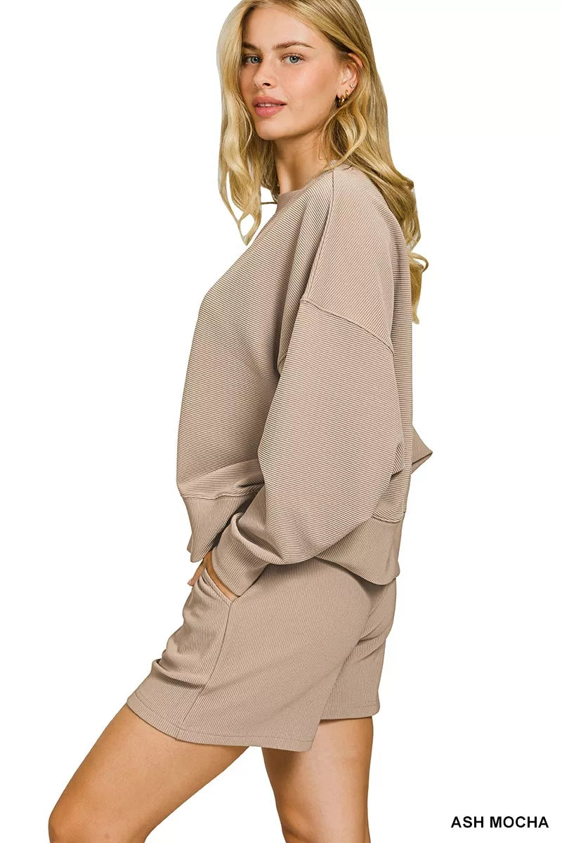 Ash Mocha Zenana Ribbed Round Neck Pullover And Shorts Set 2