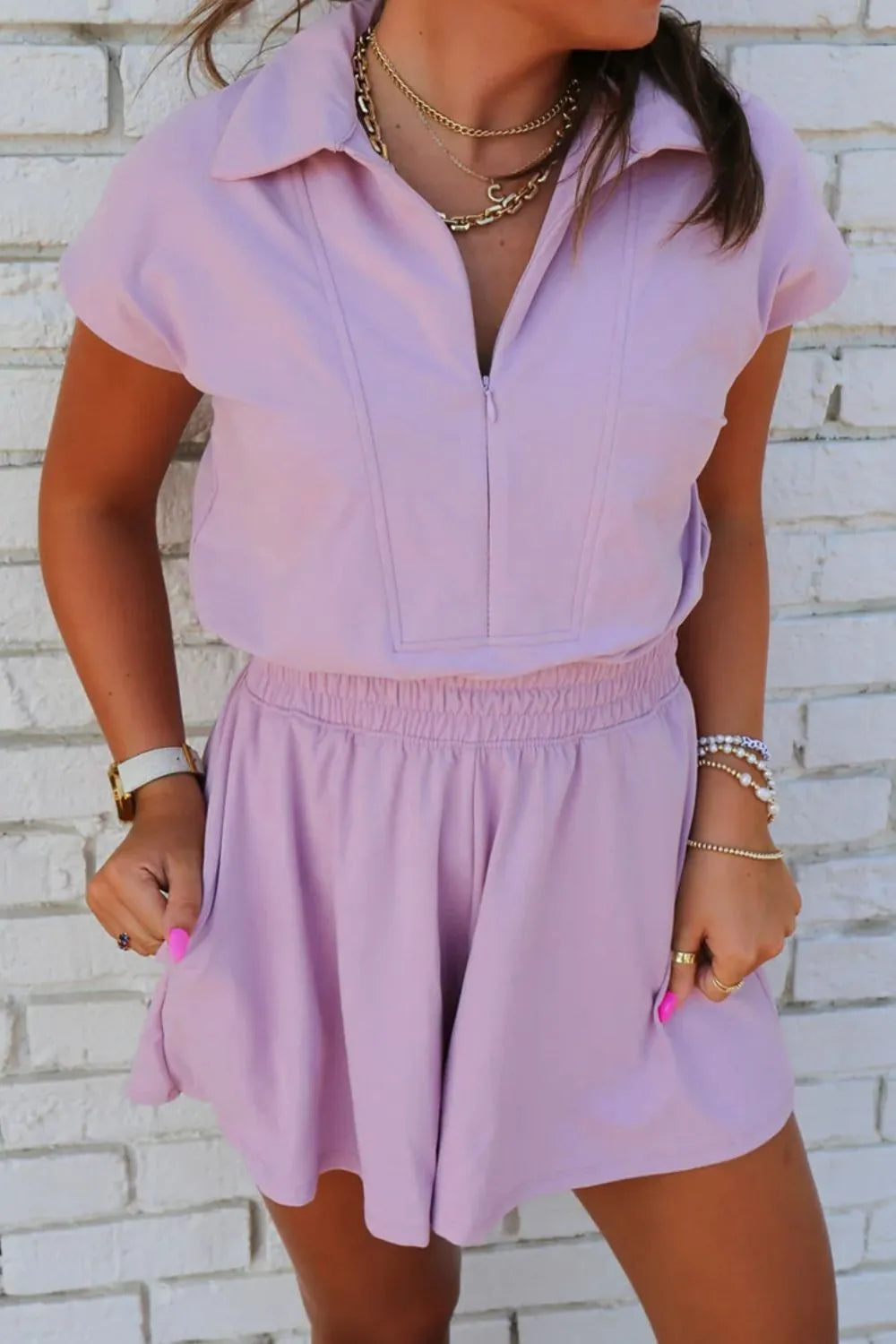 Lilac Short Sleeve Zipper Collared Elastic High Waist Romper