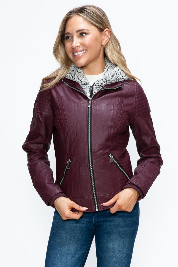 Ymi Faux Layered Double Zipper Jacket With Fuzzy Hood 1