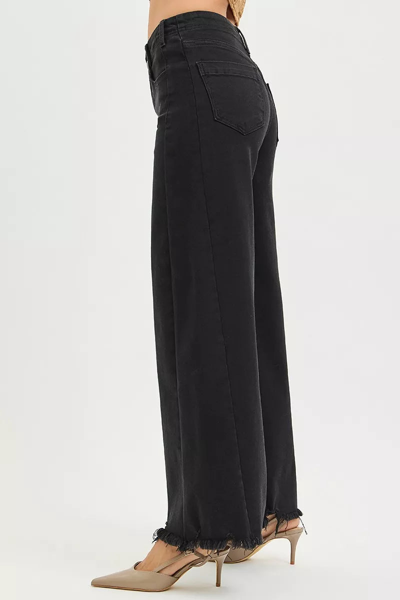 Black Risen Tummy Control High Rise Palazzo Leg Frayed Hem Jeans