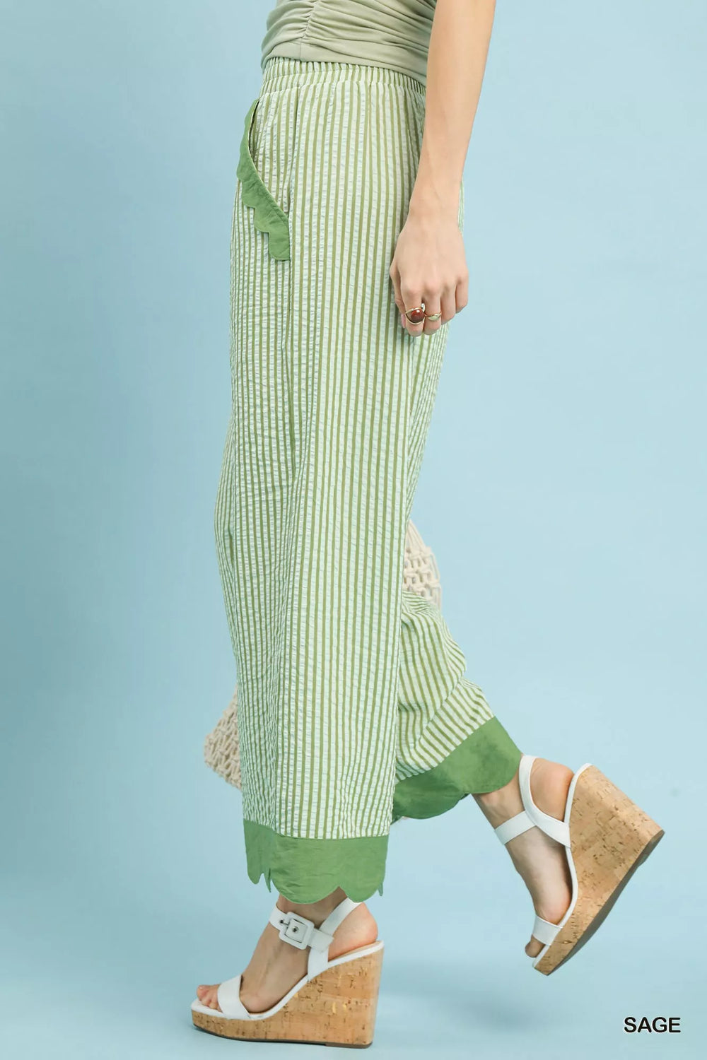 Sage Umgee Stripe Scallop Hem Wide Leg Pants