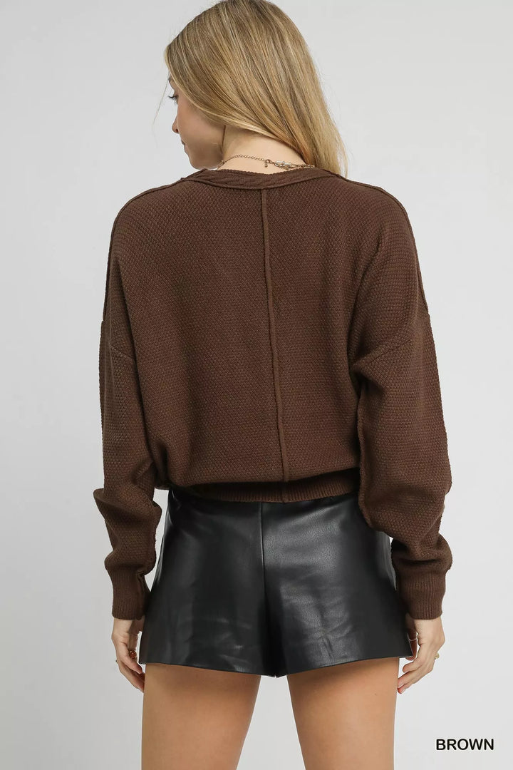 Brown Umgee Chunky Cable Knit V Neck Button Up Cardigan