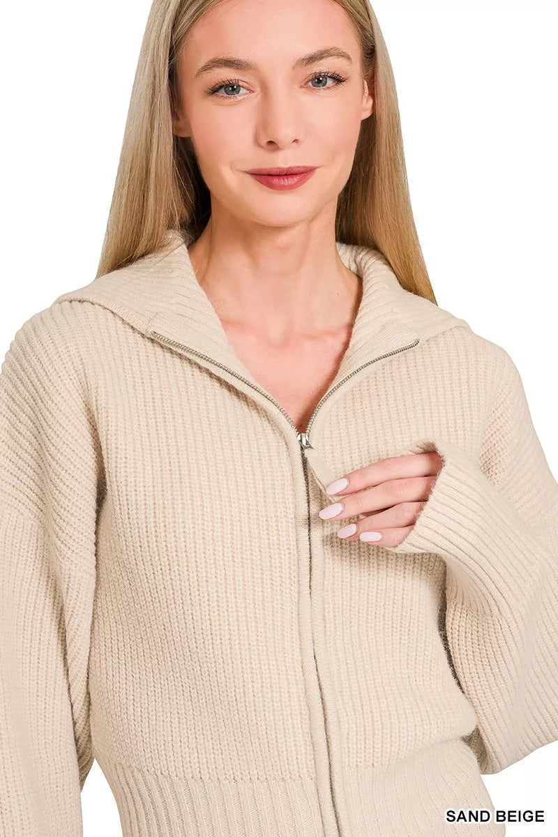 Zenana Ribbed Collared Zip Up Sweater Cardigan 4
