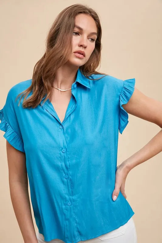 Bright Teal Annie Wear Relaxed Fit Ruffle Sleeve Woven Blouse Top