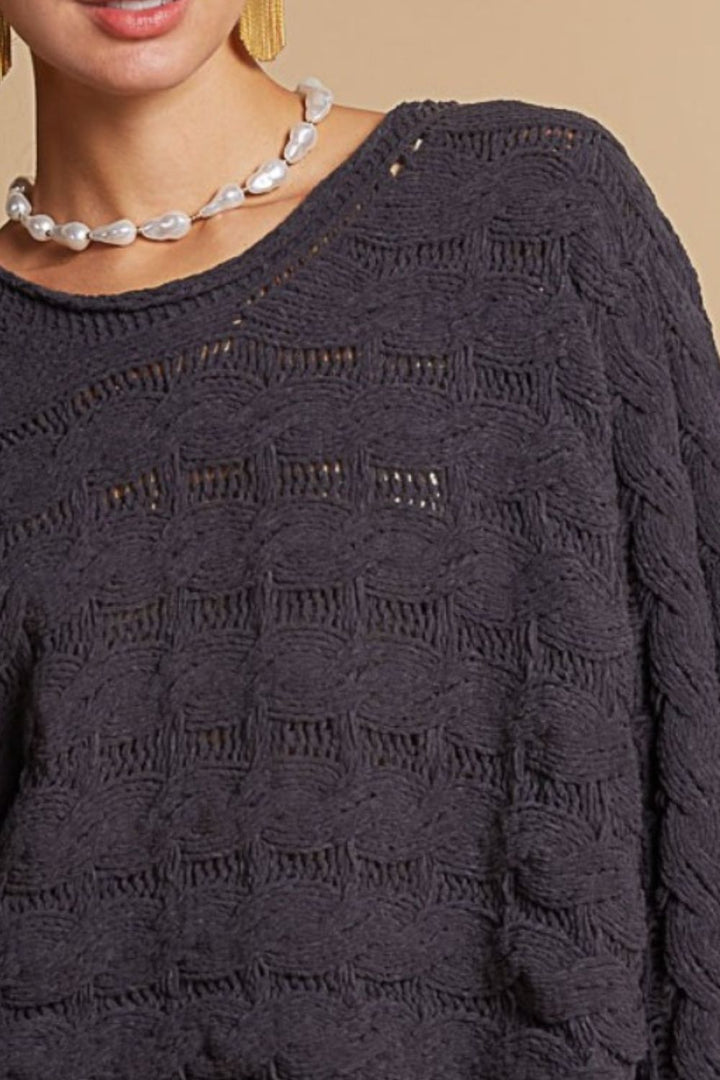 Charcoal Pol Round Neck Cable Knit Cropped Sweater