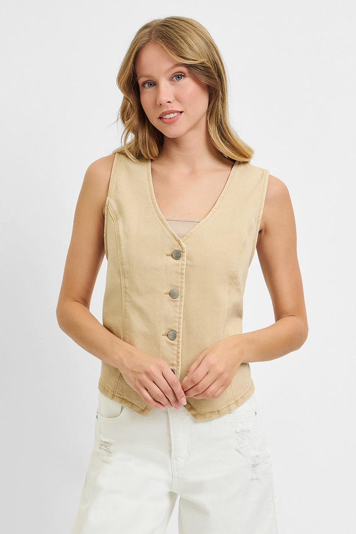 Latte Risen Full Size V Neck Button Down Vest Plus Size