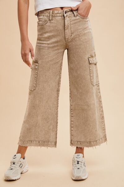 Camel Annie Wear Raw Hem Wide Leg Jeans With Cargo Pockets