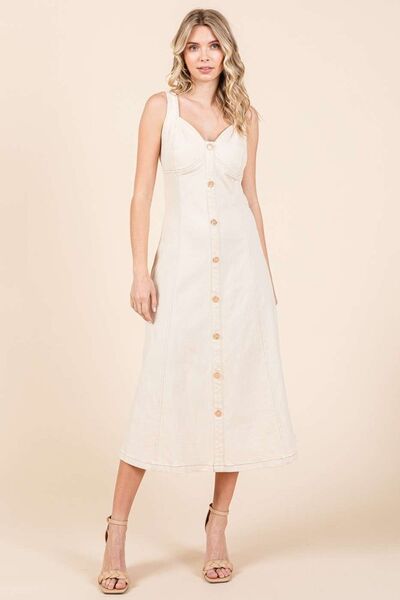 Sand Mittoshop Stretch Twill Decor Button Sleeveless Midi Dress