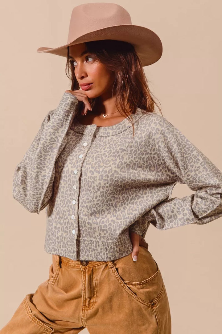 So Me Two Tone Leopard Vintage Print Button Up Cardigan
