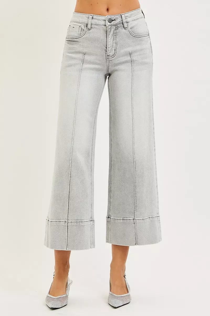 Light Grey Risen Tummy Control Mid Rise Crop Wide Pintuck Front Jeans