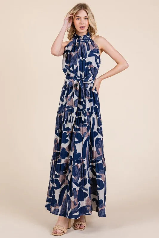 Lime N Chili Abstract Halter Neck Tie Waist Tiered Maxi Dress