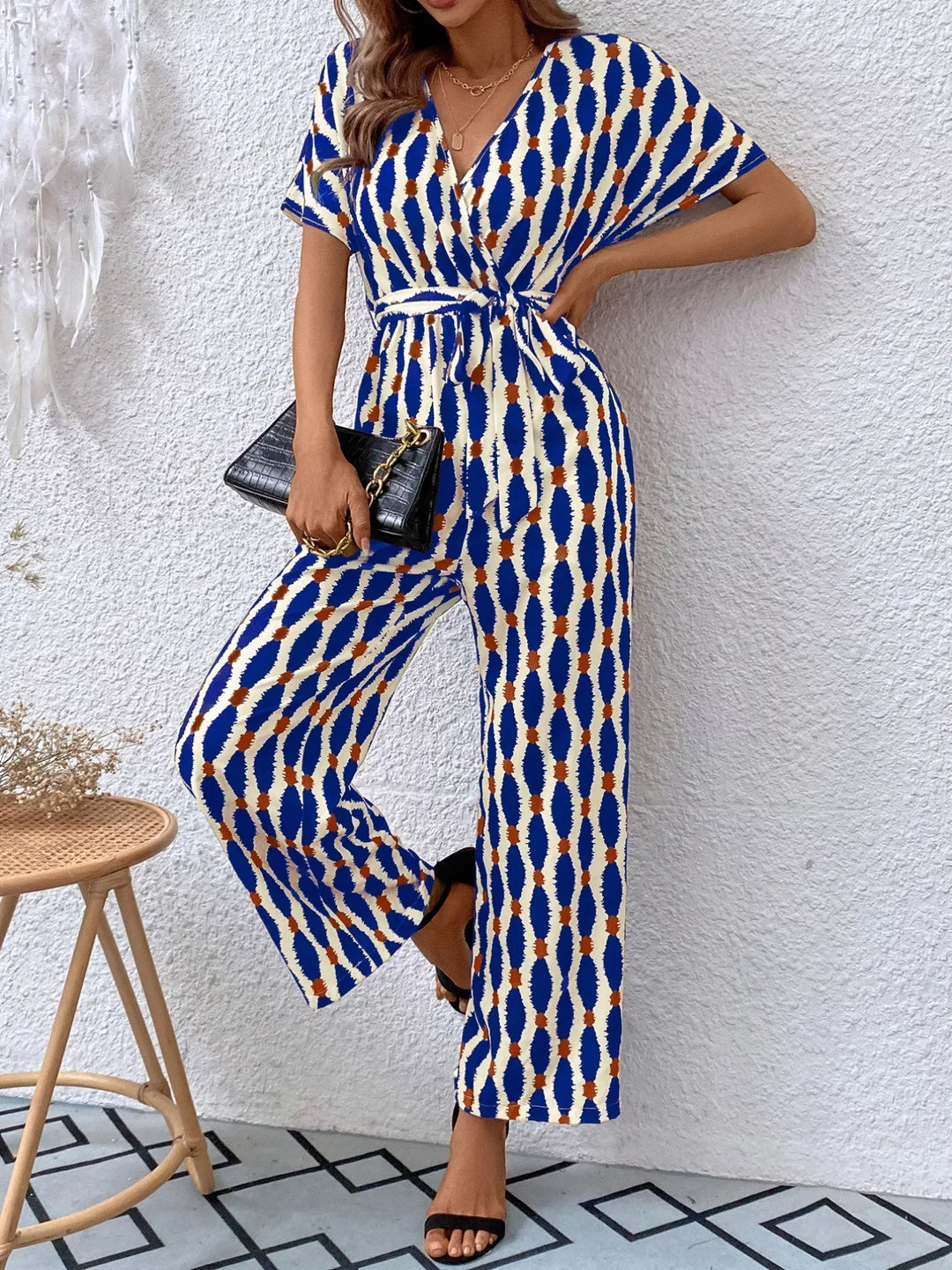 Deep Red Printed Surplice Tie Waist Short Sleeve Jumpsuit