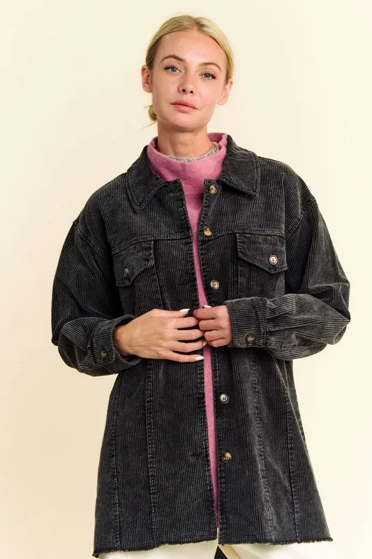 Black Davi Dani Washed Corduroy Raw Hem Button Up Jacket