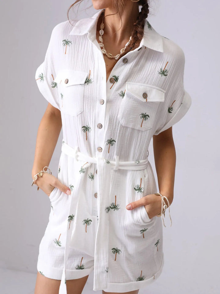 Palm Tree Print Short Sleeve Button Up Romper With Belt