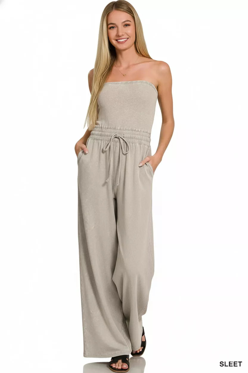 Sleet Zenana Acid Washed Strapless Tube Top Jumpsuit 4