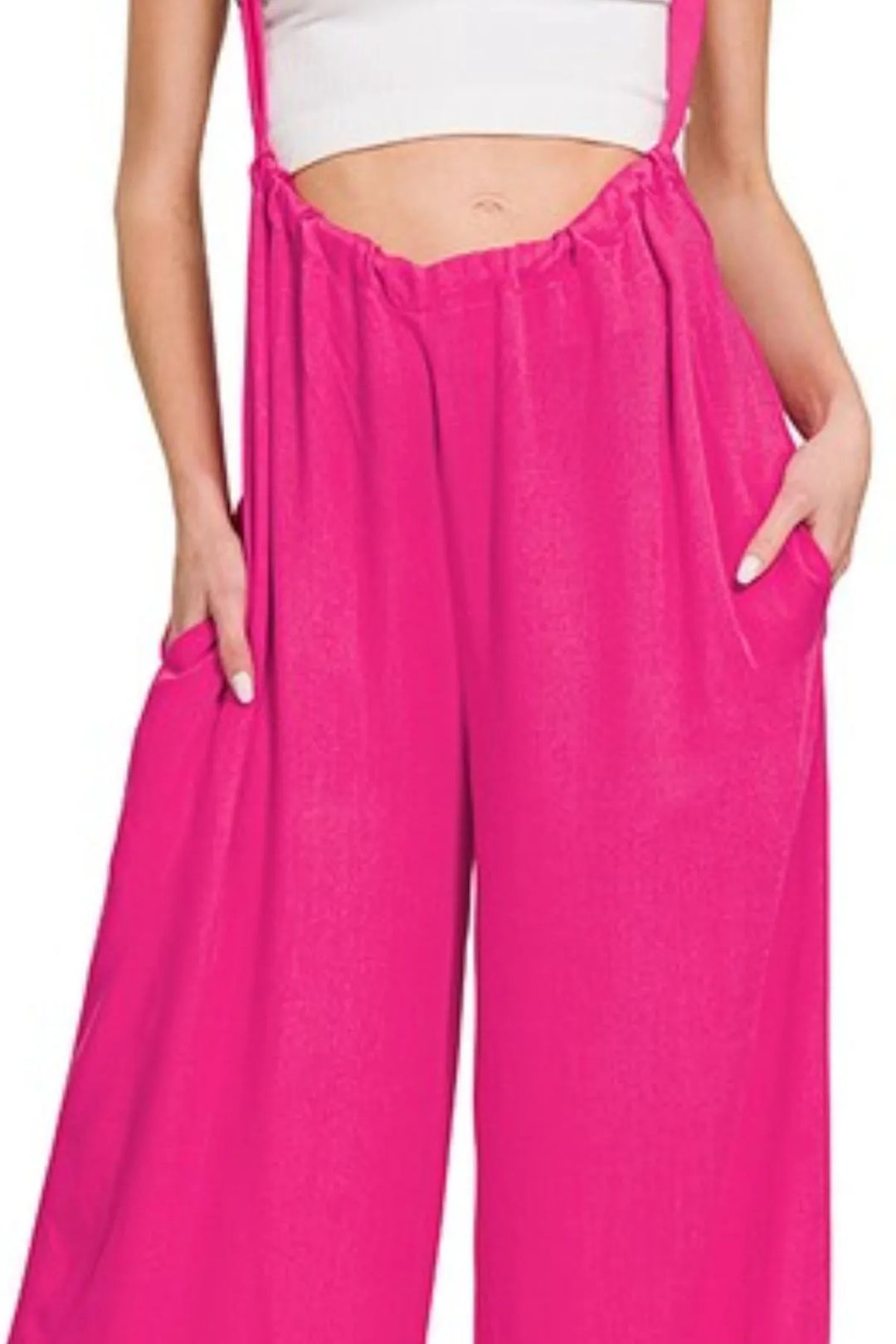 Hot Pink Zenana Woven Tie Back Suspender Jumpsuit 1