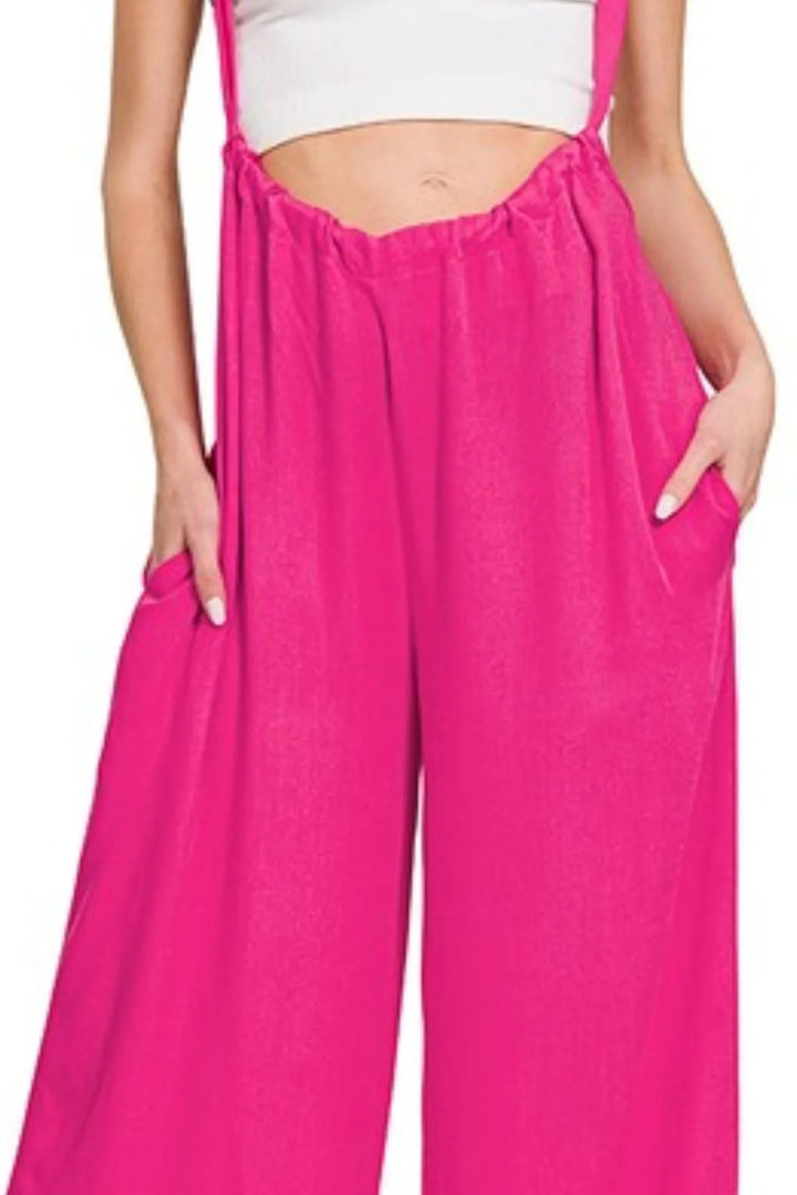 Hot Pink Zenana Woven Tie Back Suspender Jumpsuit 1