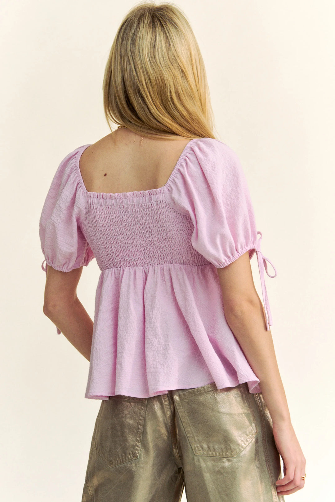 Davi Dani Solid Elastic Peplum Puffed Sleeves Blouse