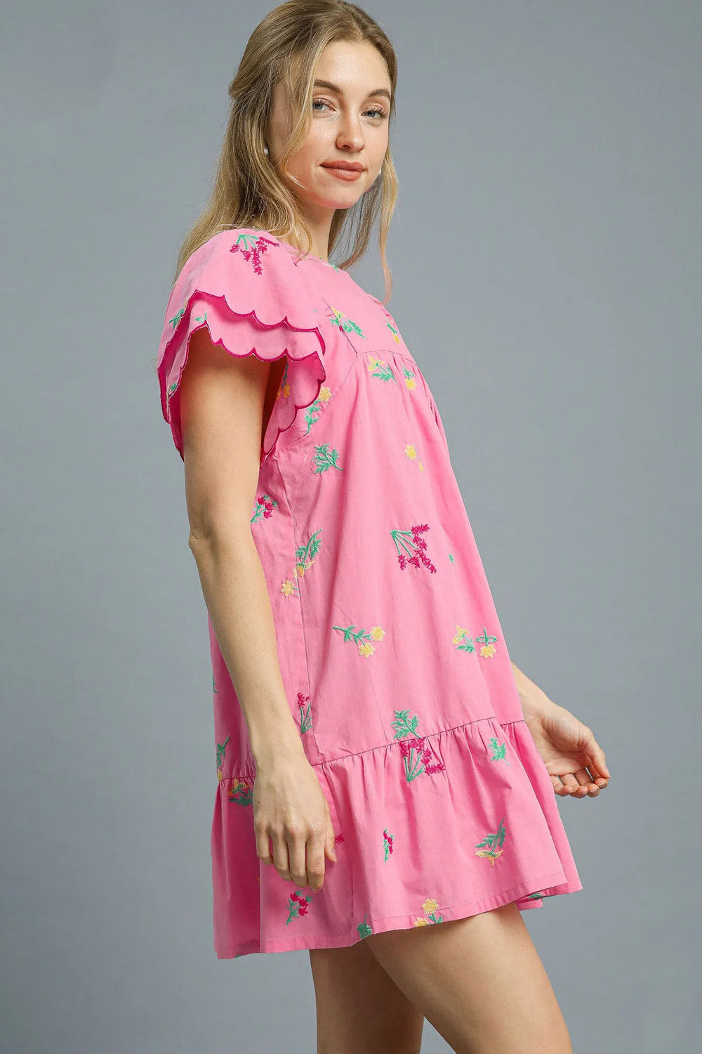Pink Umgee Floral Embroidered Short Sleeve Mini Dress