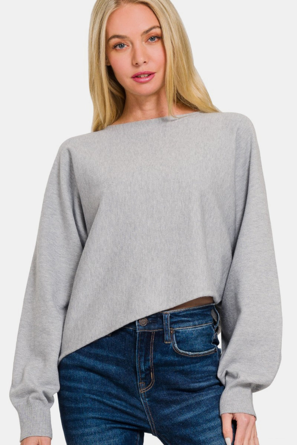H Grey Zenana Asymmetric Hem Long Sleeve Sweater