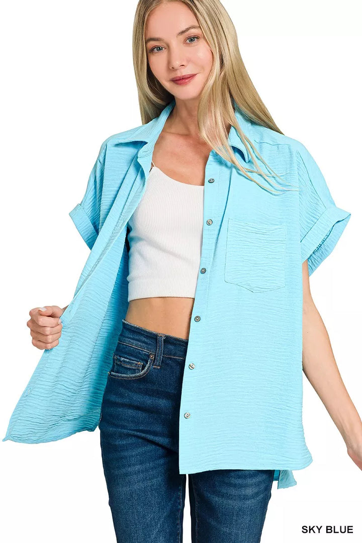 Sky Blue Zenana Woven Airflow Button Down Shirt