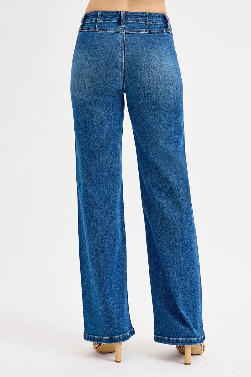 Dark Risen Seam Detail Wide Leg Jeans