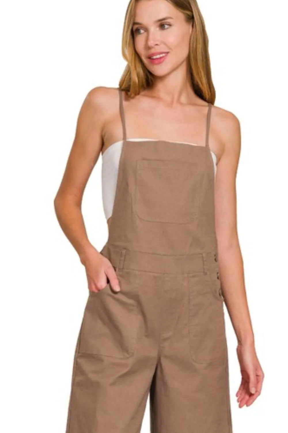 Mocha Zenana Woven Spaghetti Strap Overalls 3